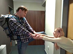 Hot hostel slut fucked in threesome by two big cocks