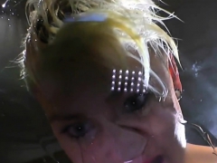 Short haired blonde gags on horny men's cum loaded cocks