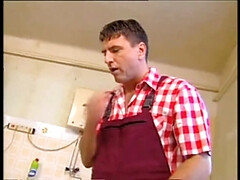 Gina Blonde sucks big cock and gets pussy fingered in kitchen fuck