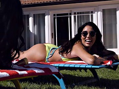 Nymphomaniac MILF bitches share a cock in an outdoor threesome fuck