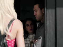 Tattooed wife and babysitter throats and fucked by husband