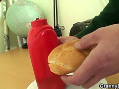 Guy doggy-style fucking chubby old grandma