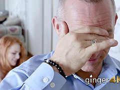Hot redhead gets a present and massive fucking from older dude