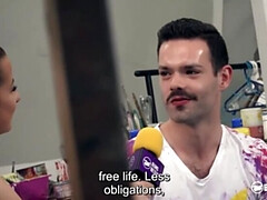 Big-breasted inked German adult performer Wild Vicky takes novice fan-male painter's virginity