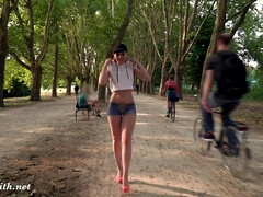 Raunchy slut unbelievable public nude walk clip