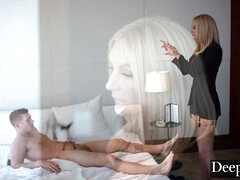 デカチン, ブロンド, なめる, 下着, オマンコ, 馬乗り, ストッキング, 三人