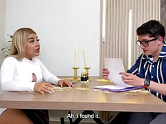 Perverted Spanish Tutor Fucks Petite Curvy Teen Doggy Style & Cums on Huge Tits