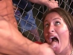A fit girl is getting fucked in the arena by a large dude
