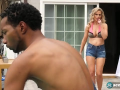 Pool boy and busty blonde Milf - big fake tits in interracial action with cumshot